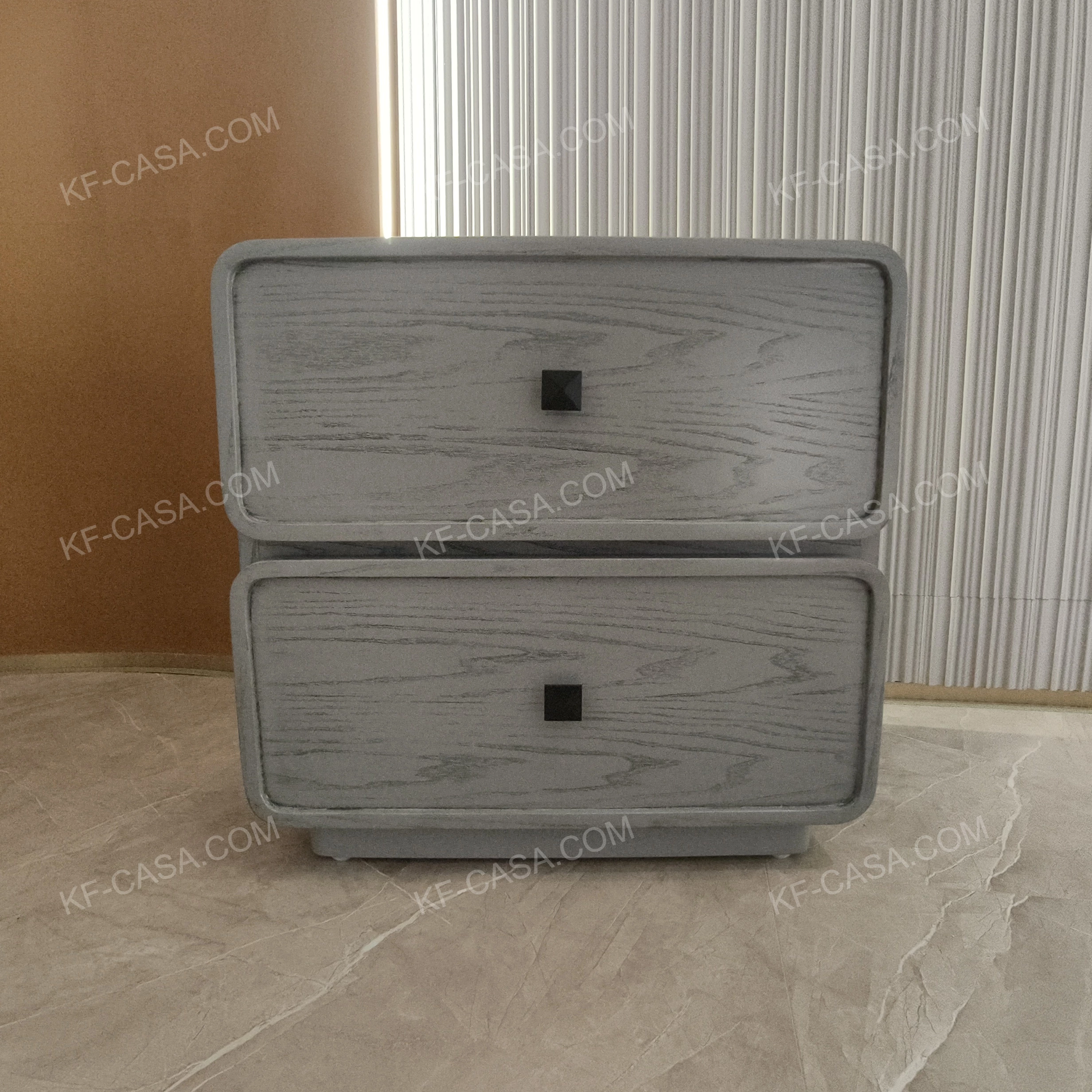 Rounded-Edge Light Gray Wood Grain Two-Drawer SideTable with Black Square Handles